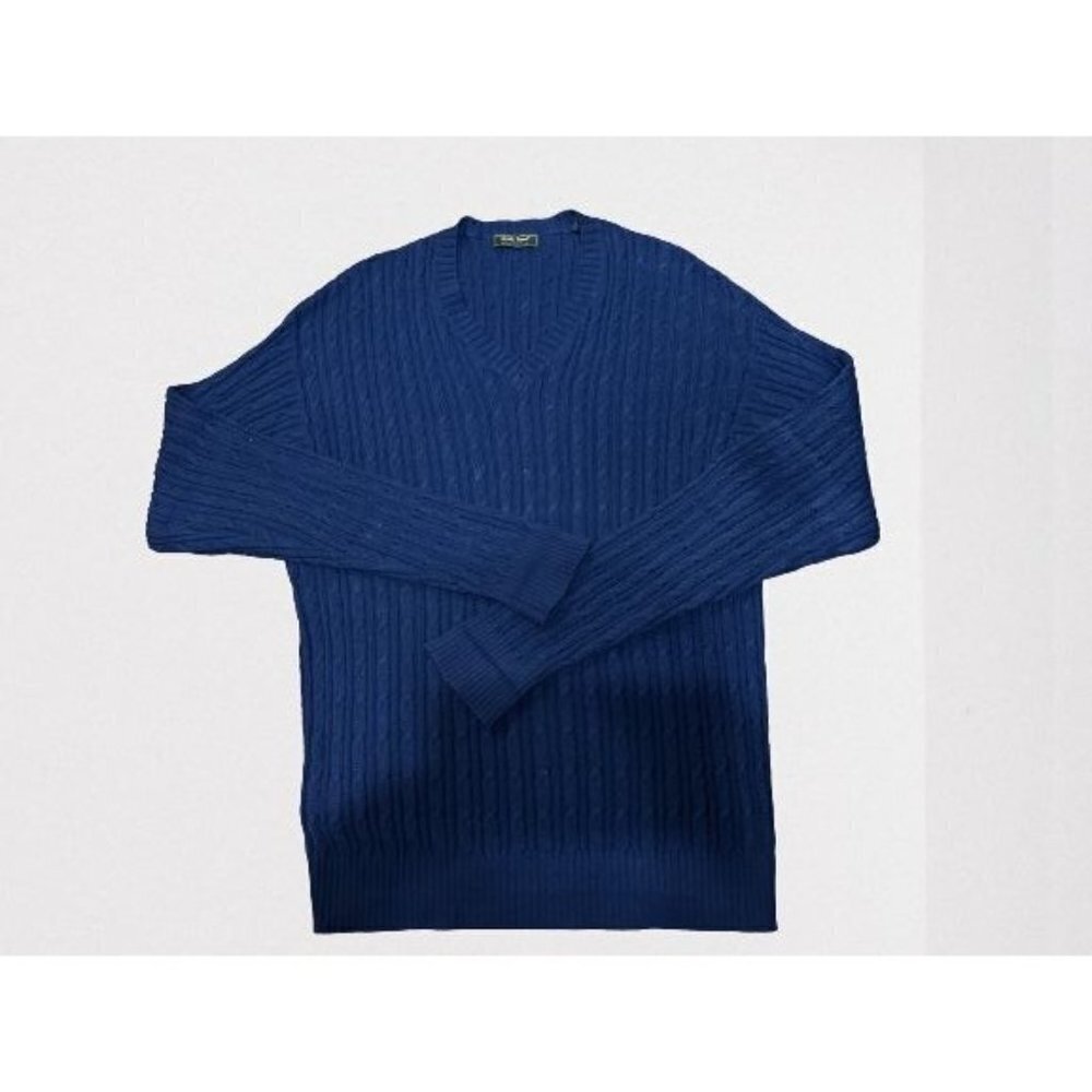 Bobby Jones Collection Cable Knitted V-Neck Cotton Pullover Sweater Navy Blue Si